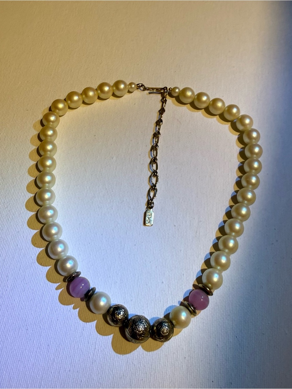 1928 Cream Pearl Necklace with Lavender Accent Beads and Gold-Tone Filigree